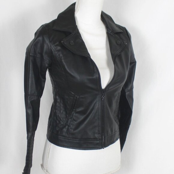 Guess Black Faux Leather Woman Jacket Size 12 Full Zip Motorcycle Collared Lined - Picture 1 of 12